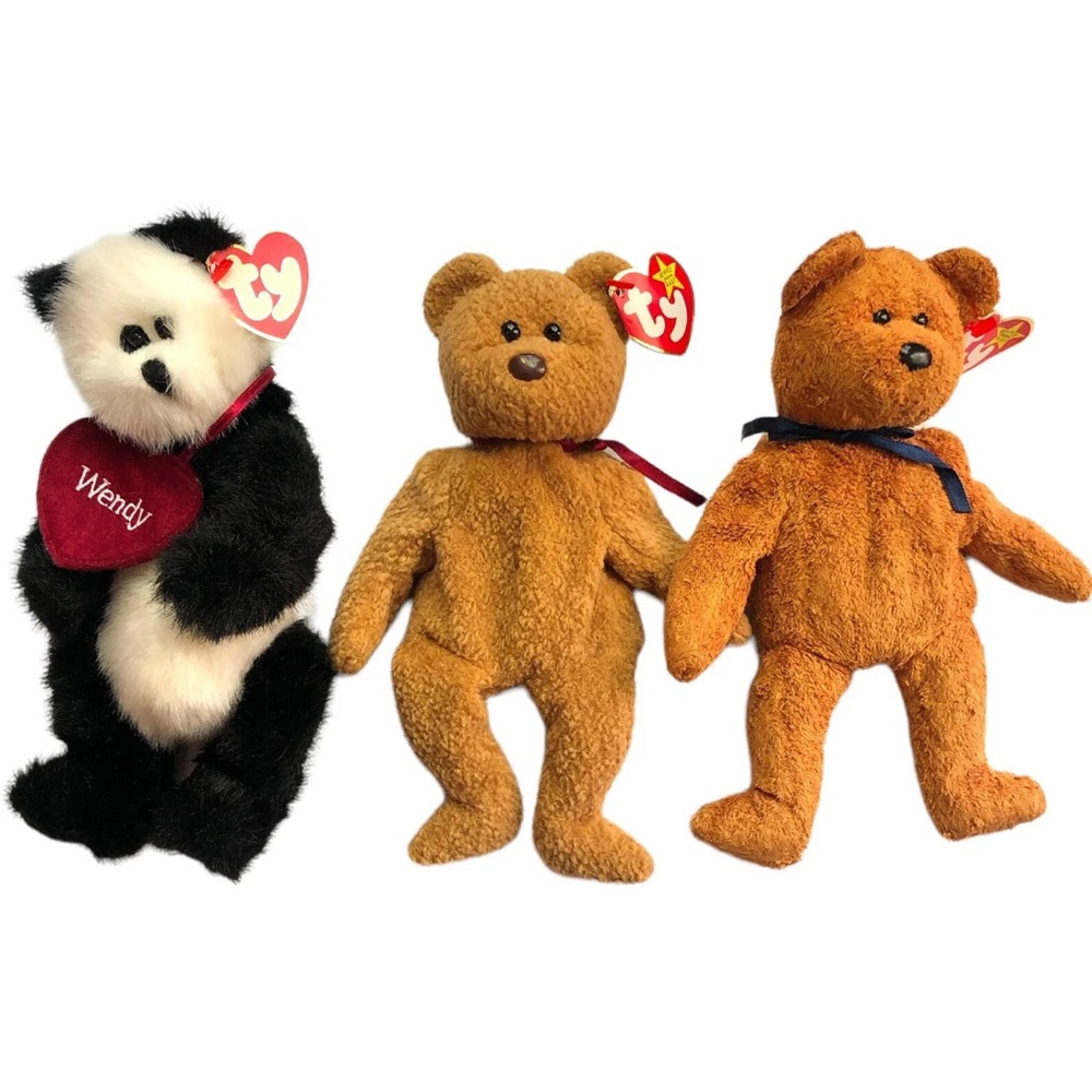 Lot of Beanie Babies Checkers, Curly, and Fuzz